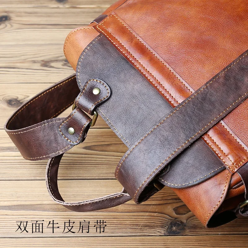 NZPJ Retro Genuine Leather Men  Backpack Vegetable Tanned Top Layer Cowhide Backpack Fashionable computer bag for 15 inch laptop