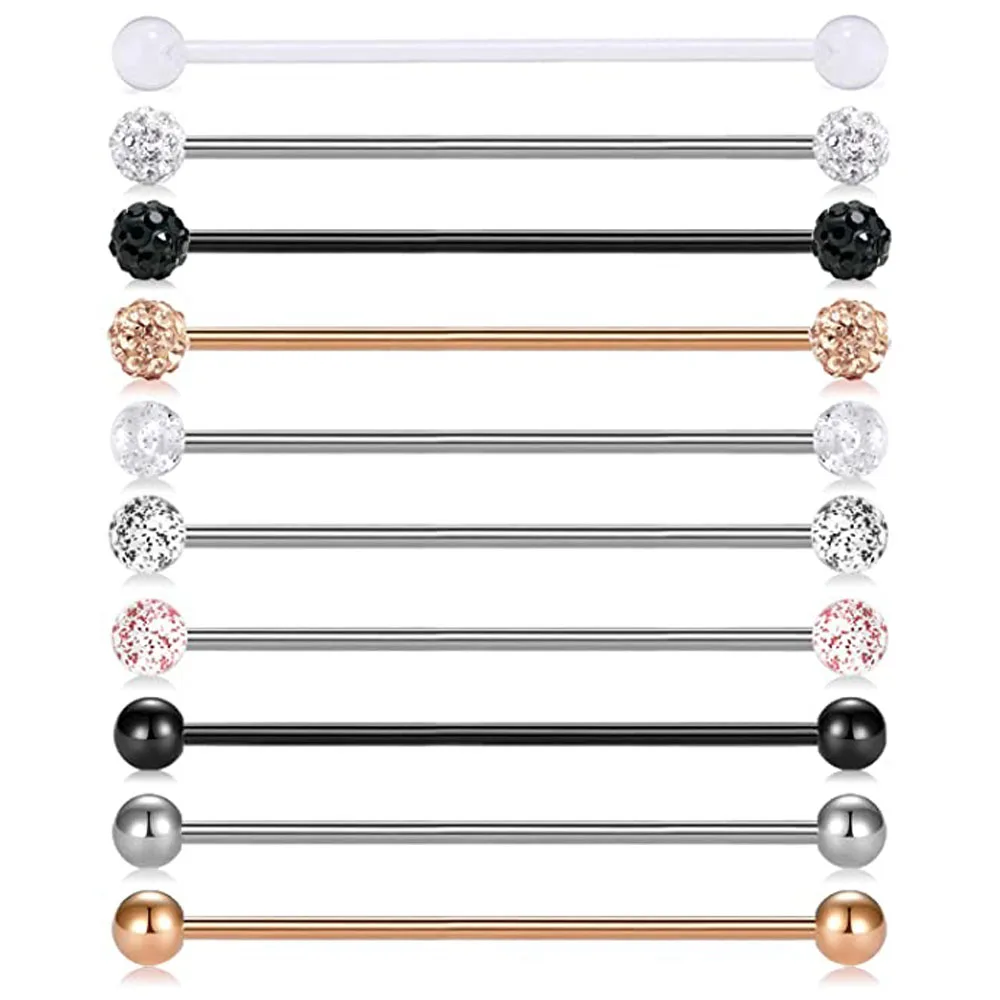 WKOUD 10pcs Stainless Steel Industrial Barbell Earring Cartilage Body Piercing Jewelry 32mm 35mm 38mm Industrial Piercing Bar