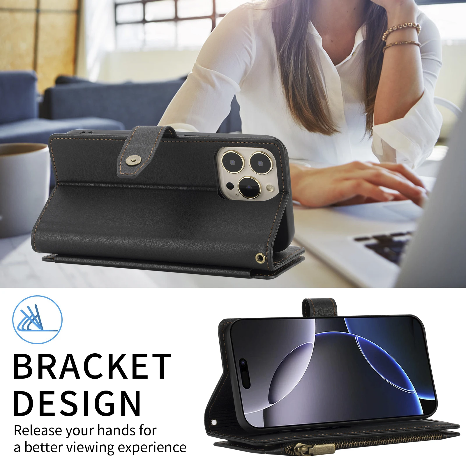 Premium Faux Leather Wallet Phone Case with Card Holder, Wrist Strap, and Zipper Coin Pocket