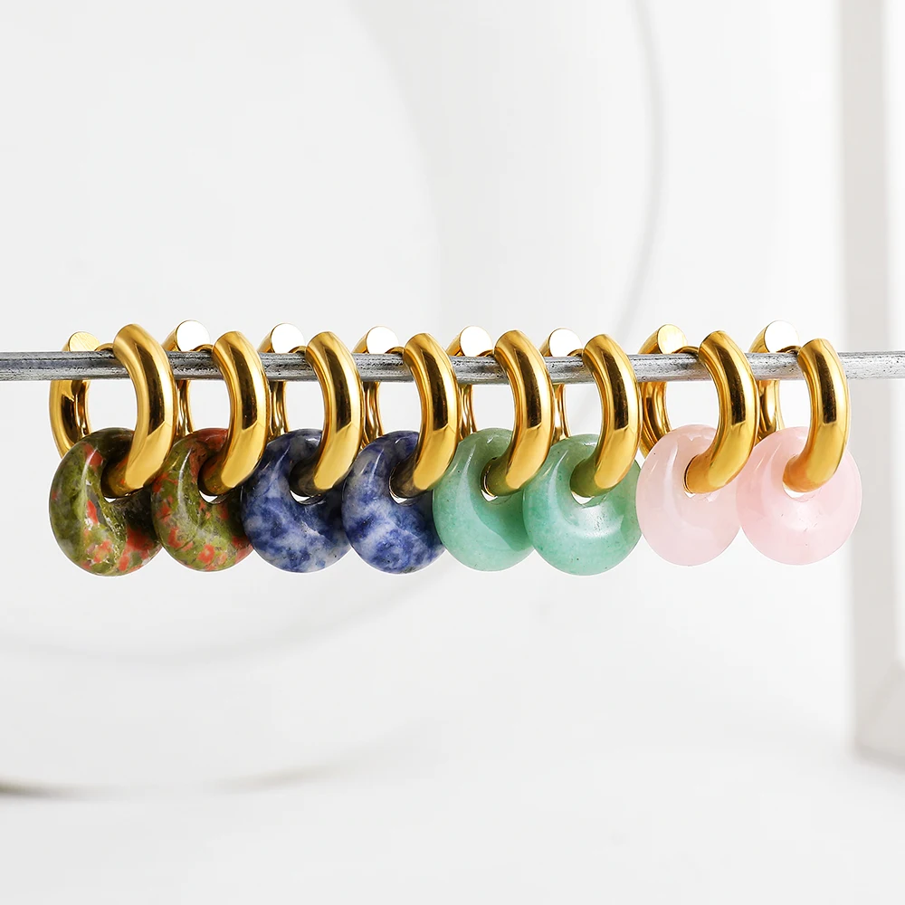 Bohemian Multicolour Natural Stone Chunky Circle Hoop Earrings Women Pink Crystal Gold Color Piercing Ear Buckle Punk Jewelry