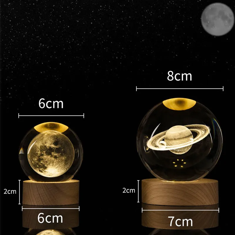 2024 3D 크리스탈 볼 장식, 천문학 태양계 행성 달 우주 비행사 LED 공, 집 눈 유리 글로브 장식, 6 cm, 8cm