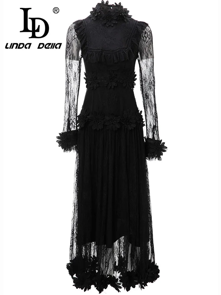 

LD LINDA DELLA luxury designer party Dresses Women Black Transparent Lace Splice long sleeve Applique Ruffle Draped Long Dress