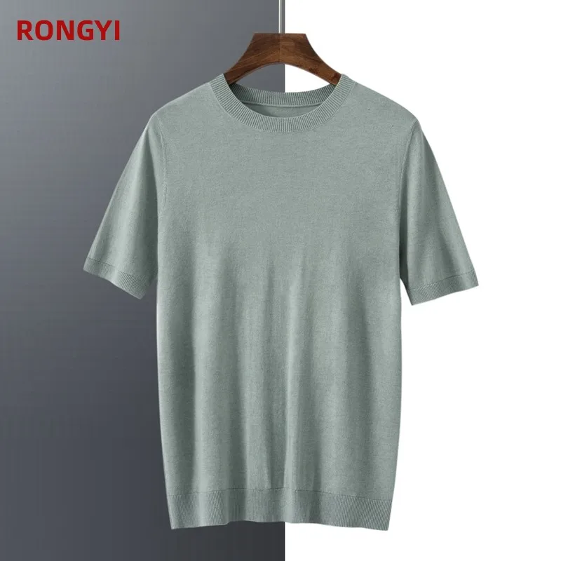 RONGYI 85% 뽕나무 실크 반팔 티셔츠 남성용, 둥근 목 아이스 실크 반팔 15% 캐시미어 보터밍 셔츠, 얇은 여름