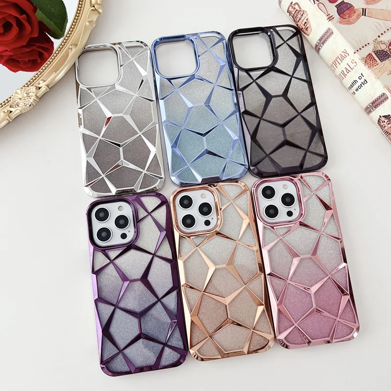 

Luxury Electroplated 3D Rhombus Phone Case For iPhone 15 15Pro Max 13 14 Pro 12 11 Glitter Soft Silicone Shockproof Back Cover