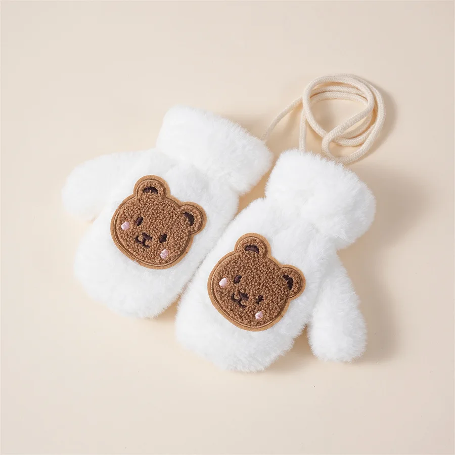 Winter Kids Plush Gloves with Hanging Neck Rope Cute Bear Mittens Soft Faux Fur Fingerless Glove 2-5Year Children Hand Warmer