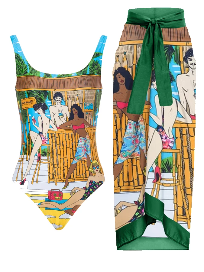 

2023 Fashion New Female Figures Landscape Printed Back V-shaped Backless Tight Design Sense One-piece Bikini Set Cover Skirt