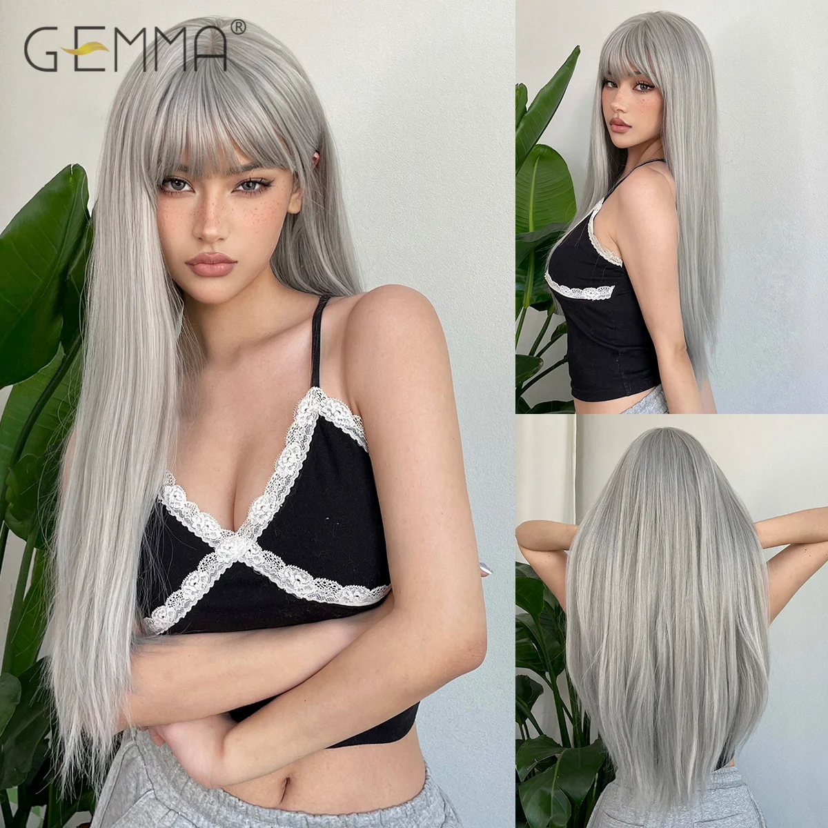 

Long Straight Synthetic Silver Gray Wigs for Women Natural Hair Cosplay Lolita Wig with Bangs Heat Resistant Fibre Party Daily