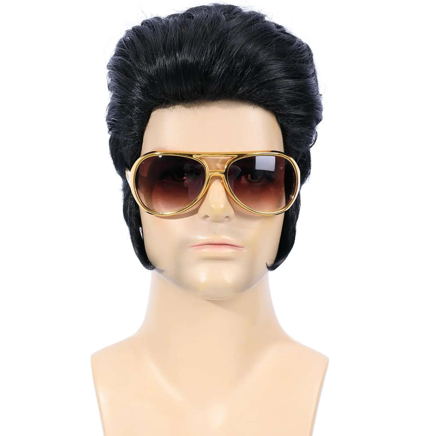 Men's 1950s Disco Party Accessory Set - Black Wig, Glasses, Necklace, and Wig Cap