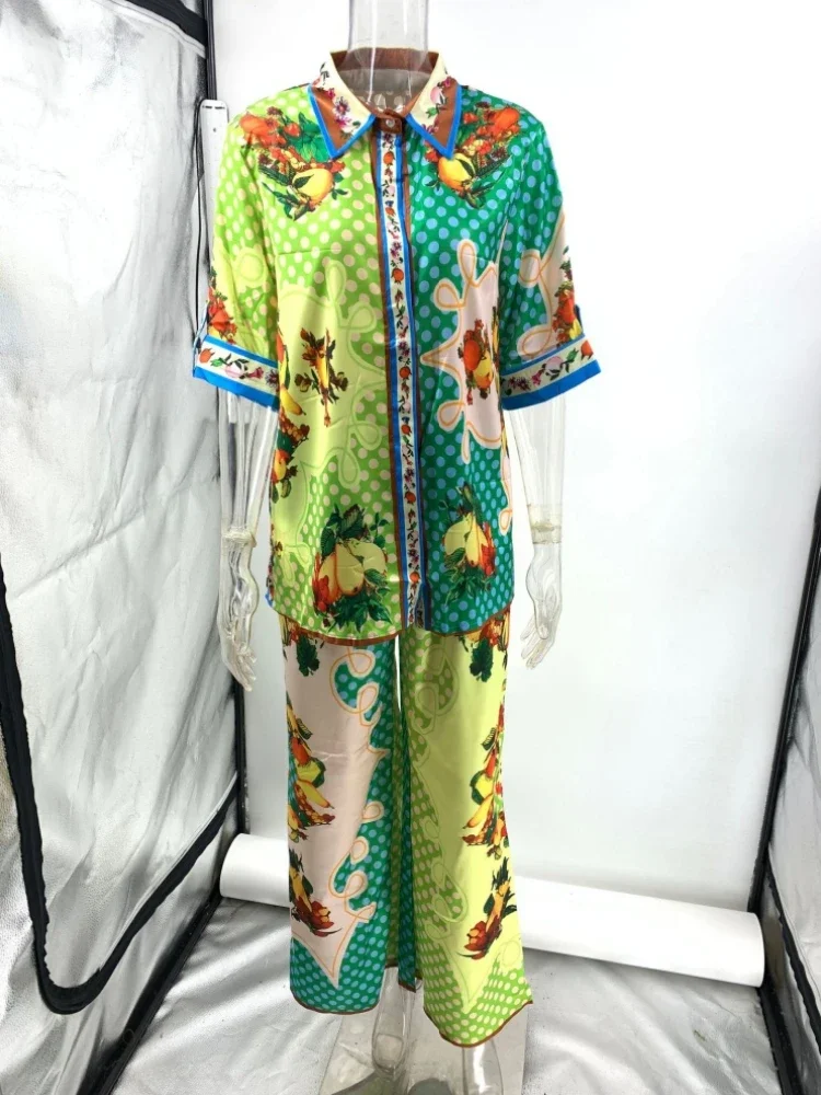 2024 New Patchwork Print Loose Two-piece Women's Casual Short-sleeved Shirt Pant Suit Summer Beach Wear