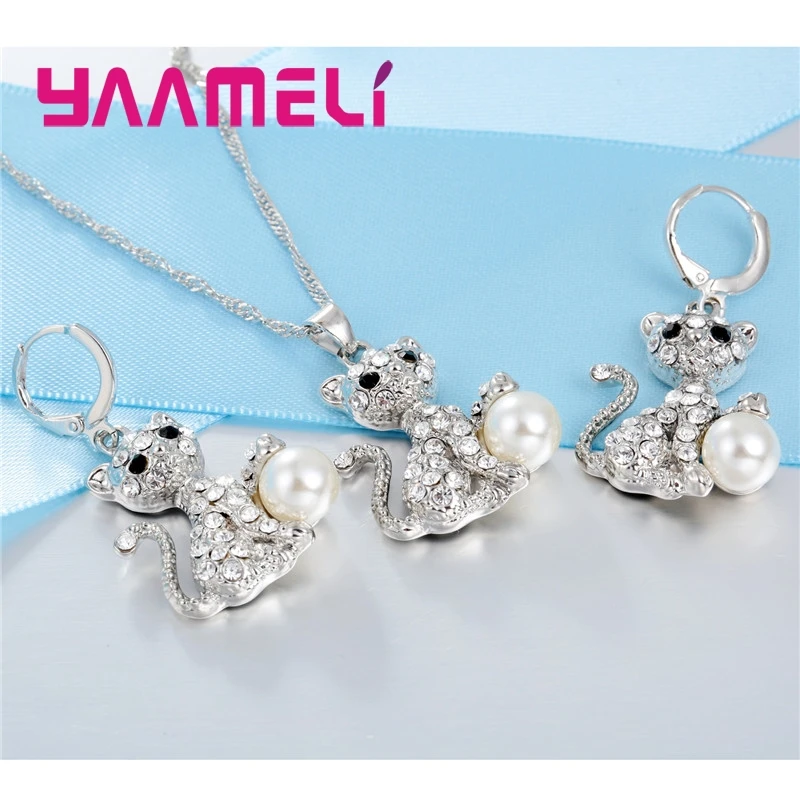 Jewelry Set Fine Luxury CZ Stone Cat Design Necklace Earrings 925 Sterling Silver