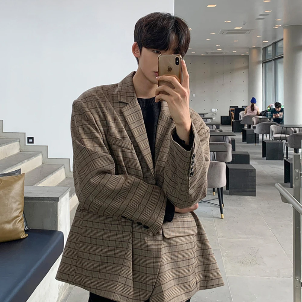 STEVDITG Chic Checkered Stripes Blazer Men Oversized Fashion Casual Suit Daily Jacket Korean Loose One Piece Office Formal Man