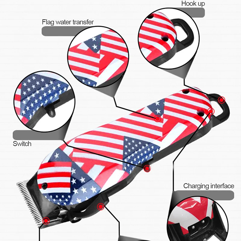 Kemei Professional Rechargeable Hair Clipper 110-240V Powerful Electric Hair Trimmer Razor Haircut Styling Tool American Flag
