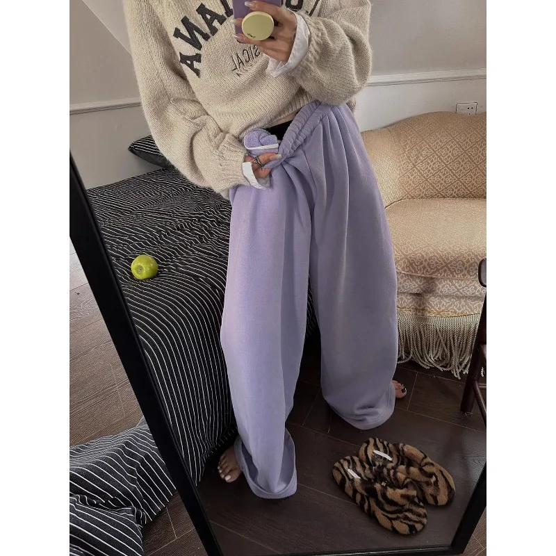 Deeptown Fleece Pants Women High Waist Casual Straight Winter Wide Pants Korean Streetwear Warm Oversize Purple Trousers Vintage