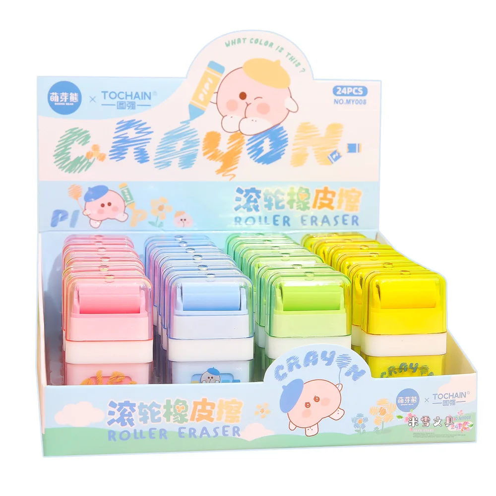 

24 pcs/lotCreative Roller Eraser Cute Writing Drawing Rubber Pencil Erasers Stationery For Kids Gifts School Supplies