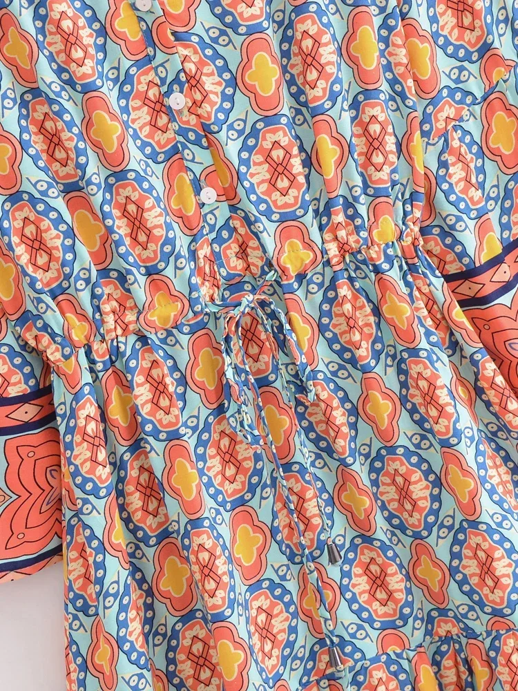 Vintage Chic Flare Sleeve Bohemian Mini Dress - Women's Summer Geometry Print