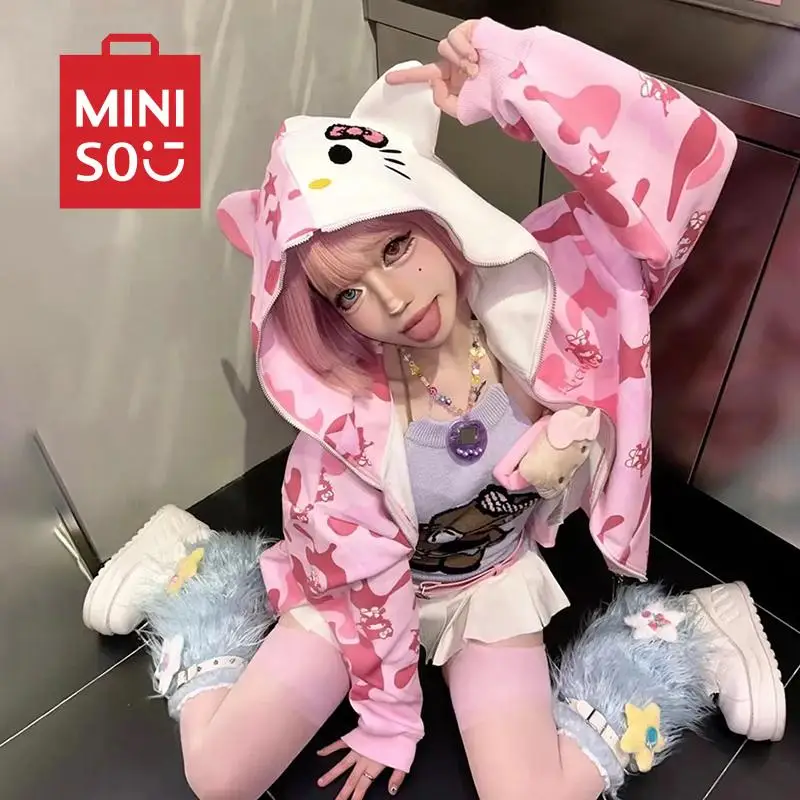 헬로 키티 Y2K 재킷 지퍼 가디건, 카와이 산리오 미니소, 귀여운 애니메이션 위장 패션, 용수철 롱 재킷, 소녀 선물