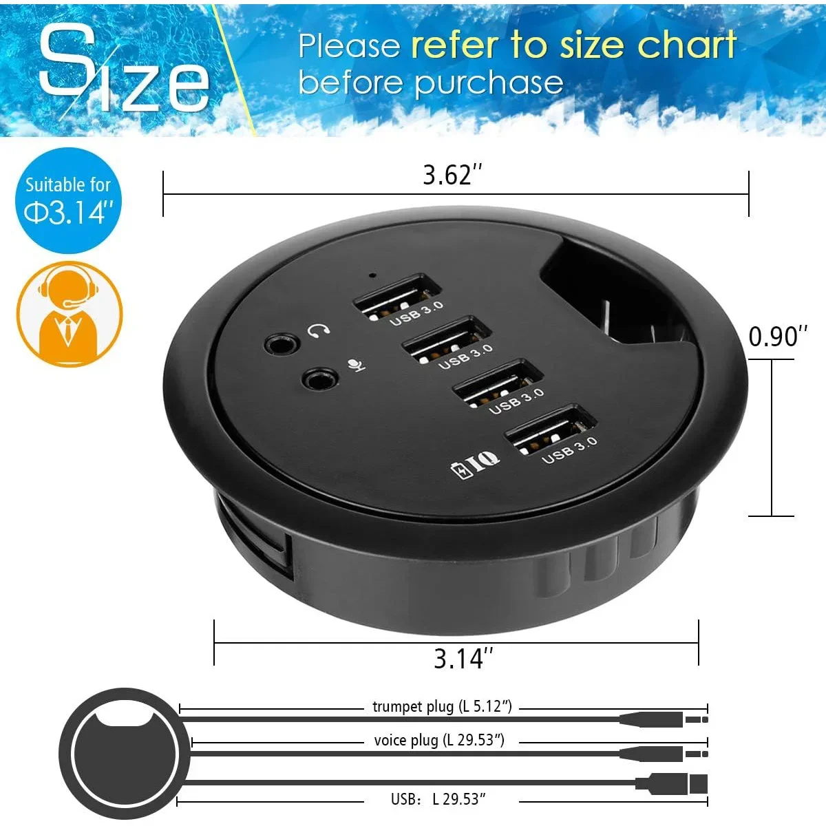 Desk-Fit 80mm 4 Port USB 3.0 Hub with 3.5mm Audio Mic Phone Jack/BC 1.2 USB Charger, 5V/2A Power Adapter for iPhone/Smart Phones 2