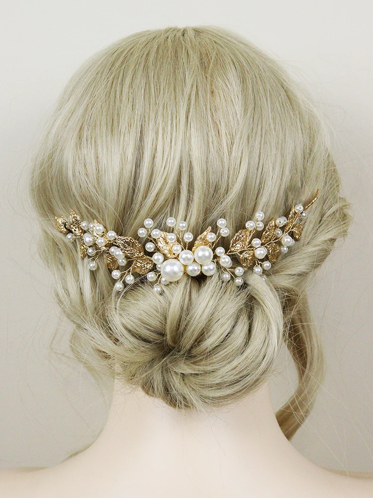 Hair Accessories Bridal Hair Accessories Bridal Jewelry Set-Handmade Golden Leaf Pearls Headband for Bride Party Wedding
