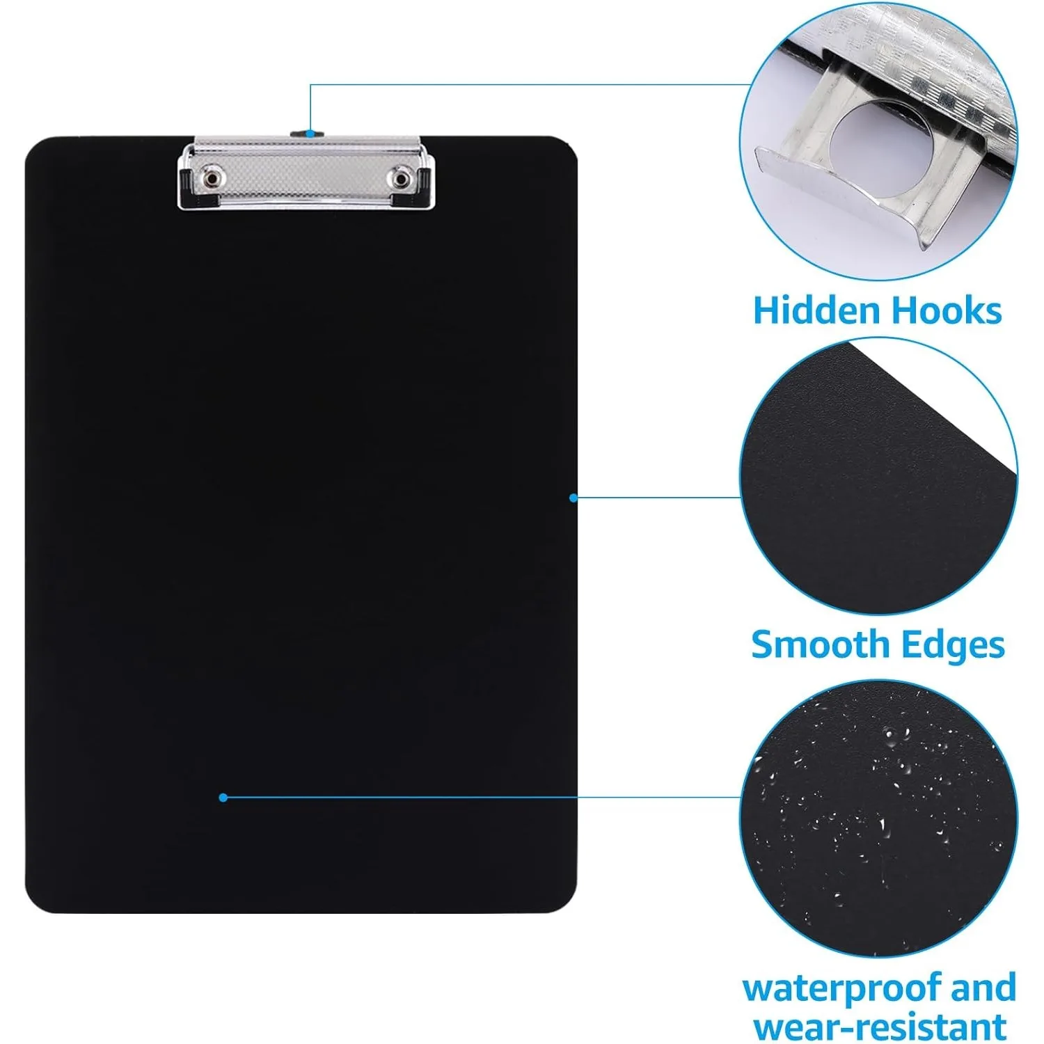 5-Pack Black A4 Clipboards with Low Profile Clip and Hanging Hole