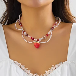 Ingemark Kpop Sweet Imitation-Pearl Chain Strawberry Pendant Necklace for Women Wed Bridal Love Heart Choker Aesthetic Jewelry
