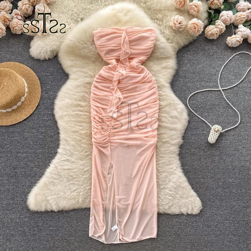 

ssTss Sexy Women Pink Strapless Dress Korean Fashion Summer Sleeveless Backless Ruffles Slim Folded Split Midi Party Dress