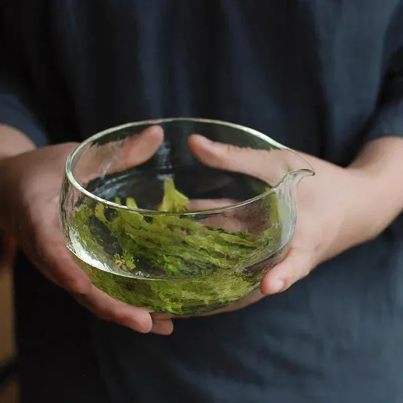 Handcrafted Textured Glass Matcha Bowl with Pouring Spout - Japanese Style Green Tea Ceremony Chawan, 400ml