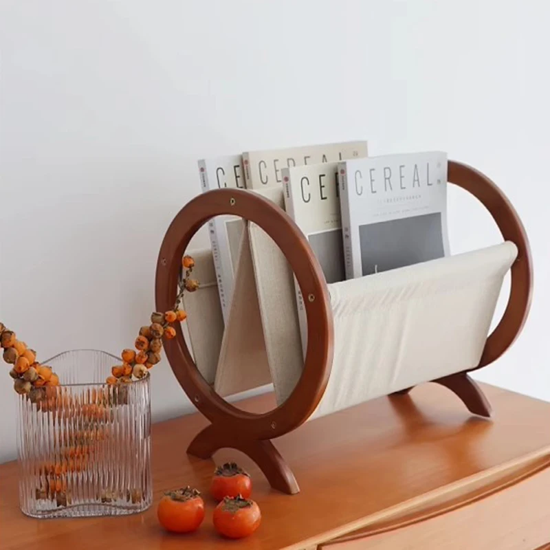 Nordic Vintage Solid Wood Fabric Desktop Magazine Rack Floor Standing Movable Storage Organizer for Living Room or Study-FYMR