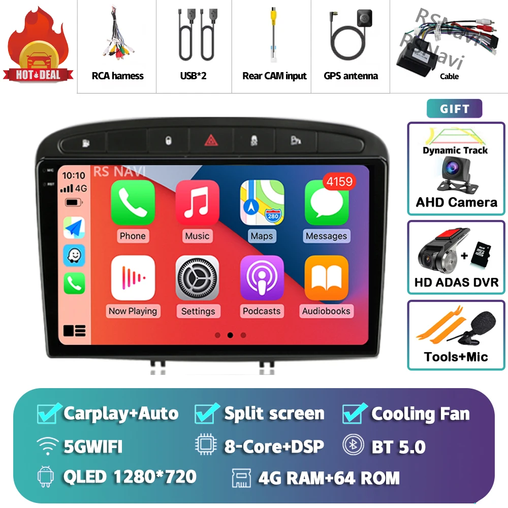 Hikity 4G+64G Autoradio Android 15 Für Peugeot 308 408 2007-2015 Mit 9