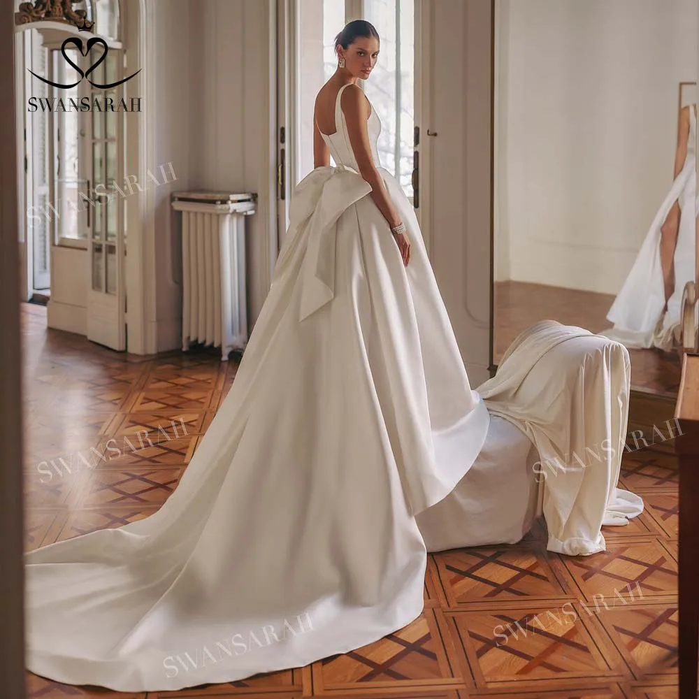Sleeveless Satin A-Line Wedding Dress 2025 Square Collar Split Bow customized Bride Gown SwanSarah W274 Vestido De Novia 2