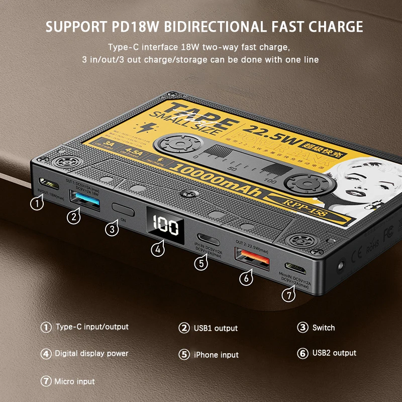 Remax Power Bank 10000mAh Tape Built-in Cable Power Bank QC Fast Charging USB LED Digital Display Retro for iPhone Huawei Xiaomi