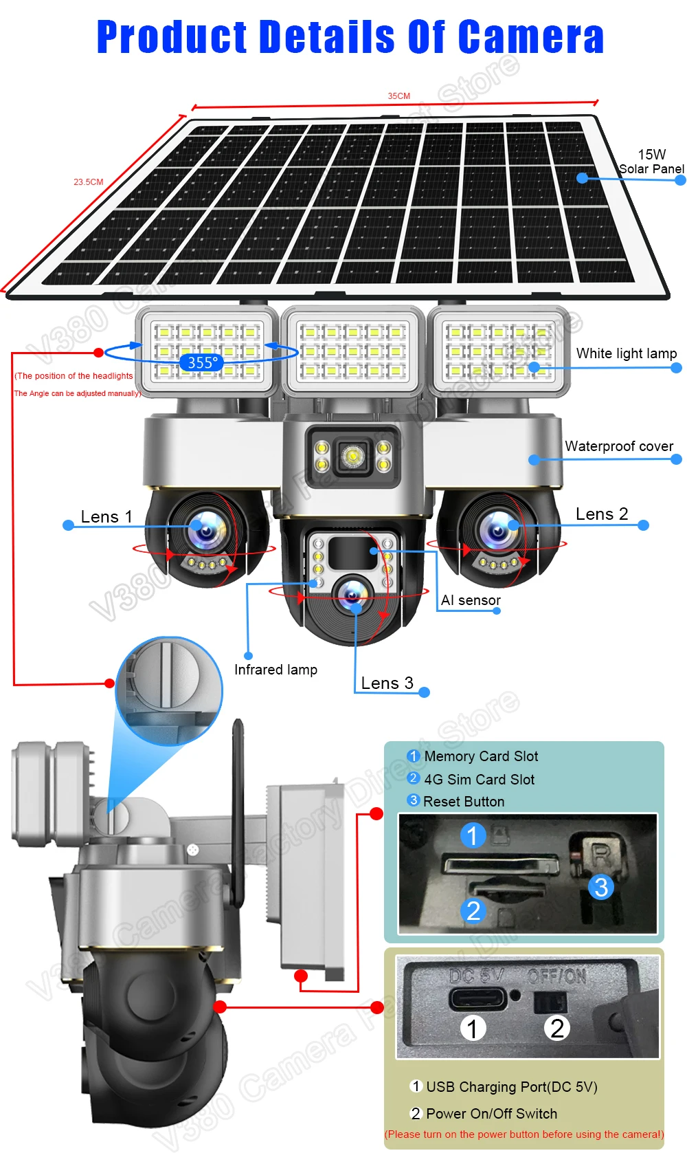 4G Sim Card Camera With Solar Panel Outdoor Floodlight Triple PTZ Camera Surveil