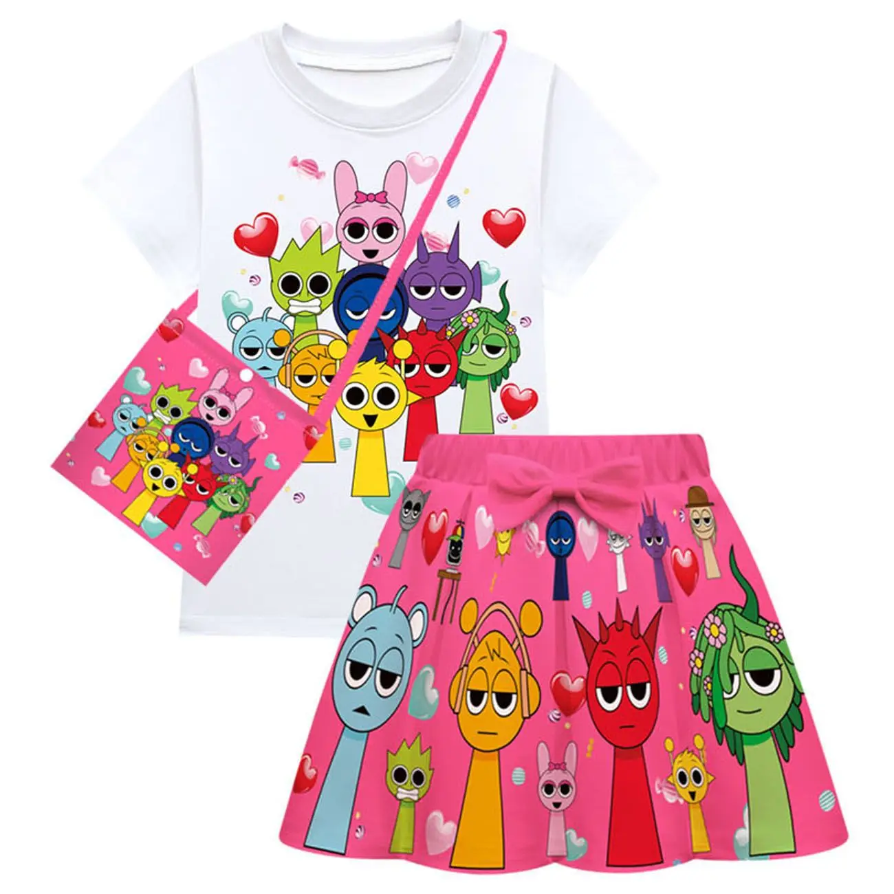 Sprunki Plush Cartoon Children clothing Baby girls T Shirt+Skirt+Bag 3pc Sets Kids Carnival birthday Costume Party Outfits