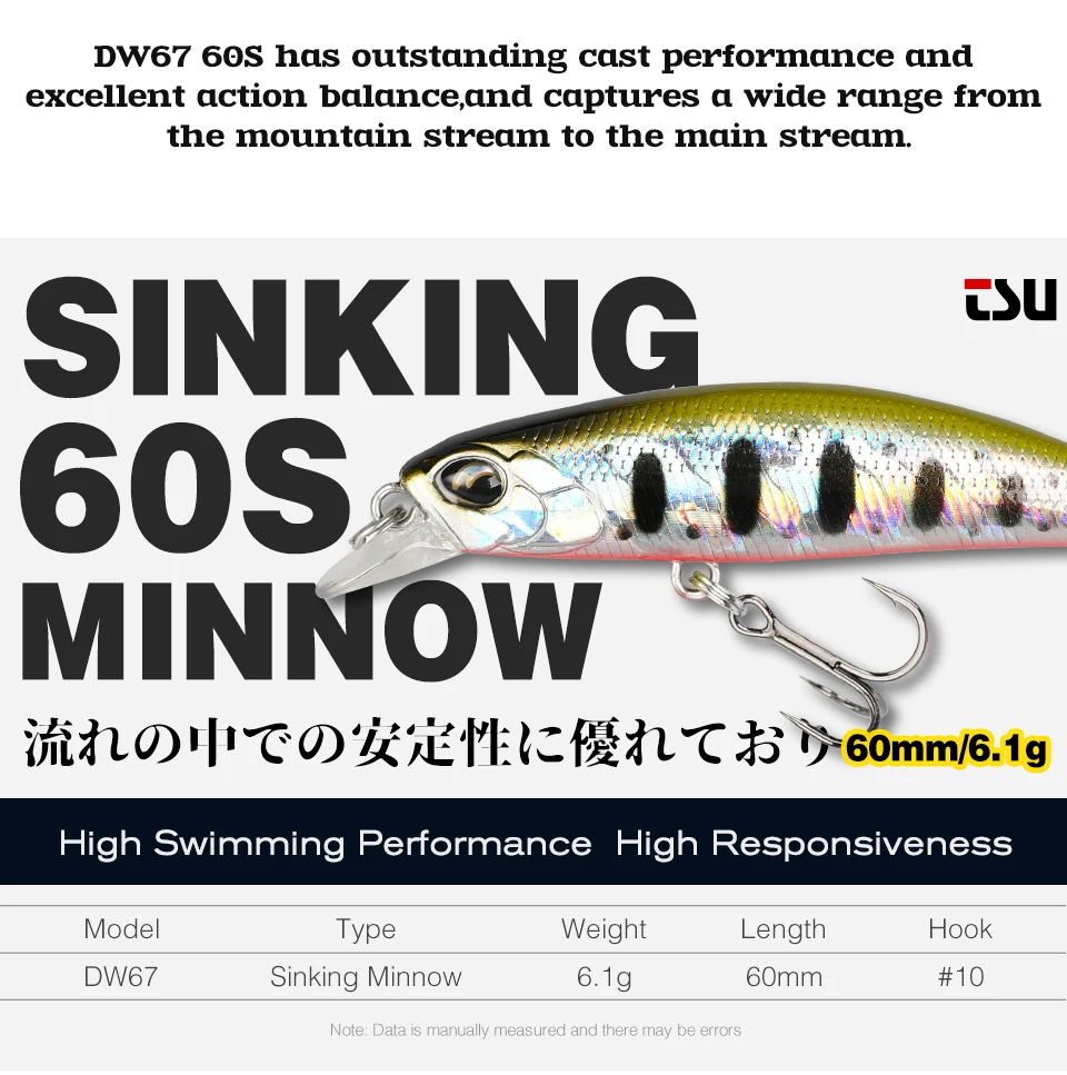TSURINOYA 60S Sinking Minnow Angelköder DW67 60mm 6,1g Künstlicher harter Köder Hechtbarsch Forelle Jerkbait Fluss Wobbler Kurbelköder – Detail 6