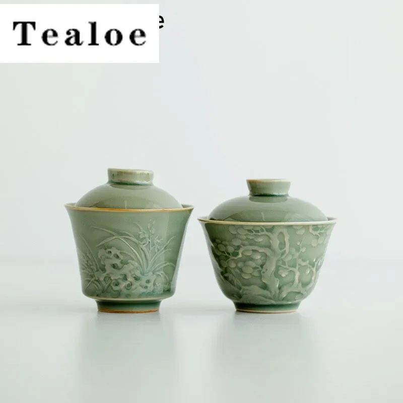 100ml Yue Kiln Celadon Tea Tureen Relief Greeting Pine Orchid Covered Tea Bowl With Lid Making Device Gaiwan Kung Fu Teaset