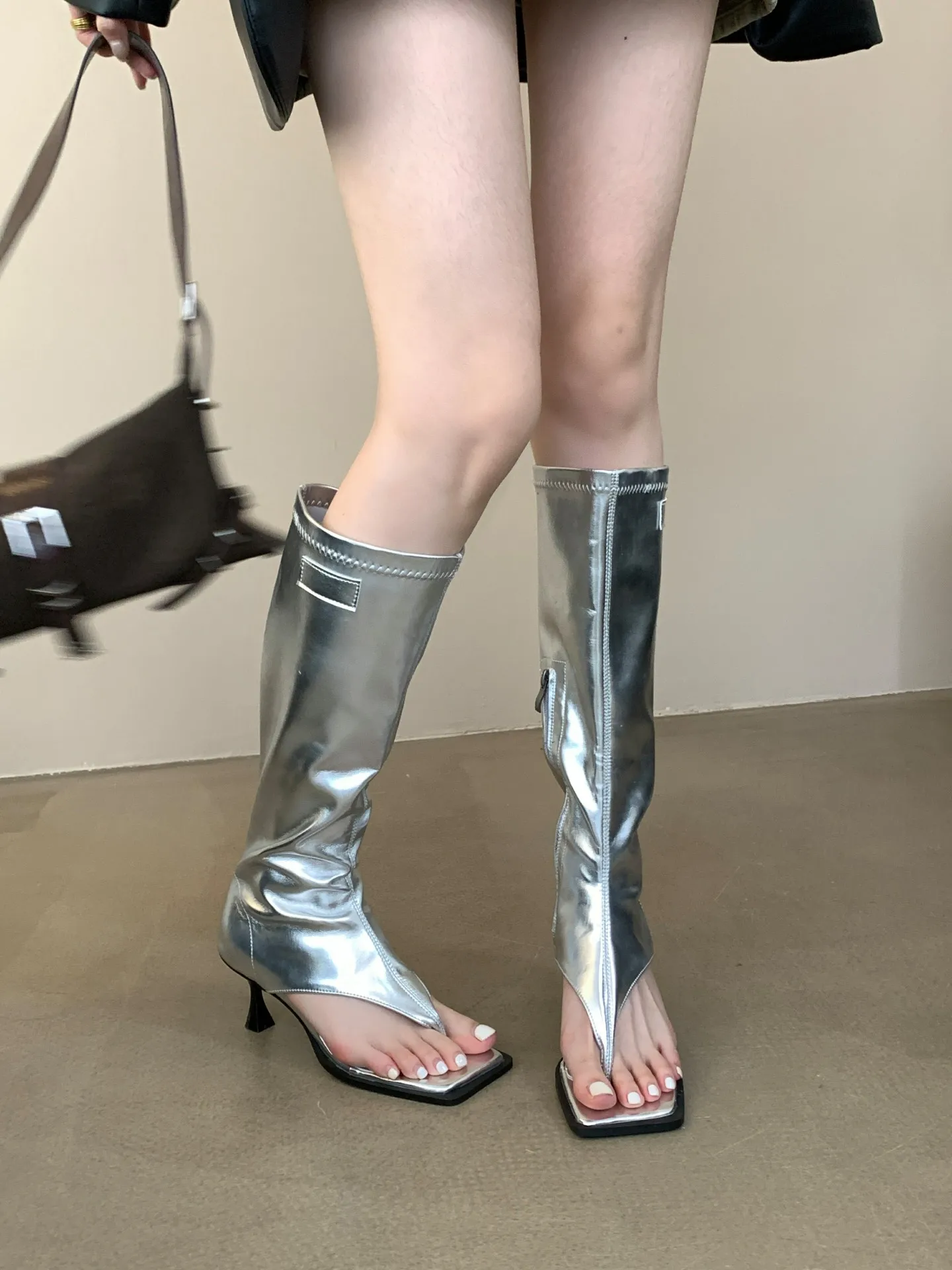 Aneikeh 2025 Sexy PU Square Head Clip Toe Sandals Boots Women's Thin Heel Side Zipper Sewing Chelsea Knee High Boots Party Ball
