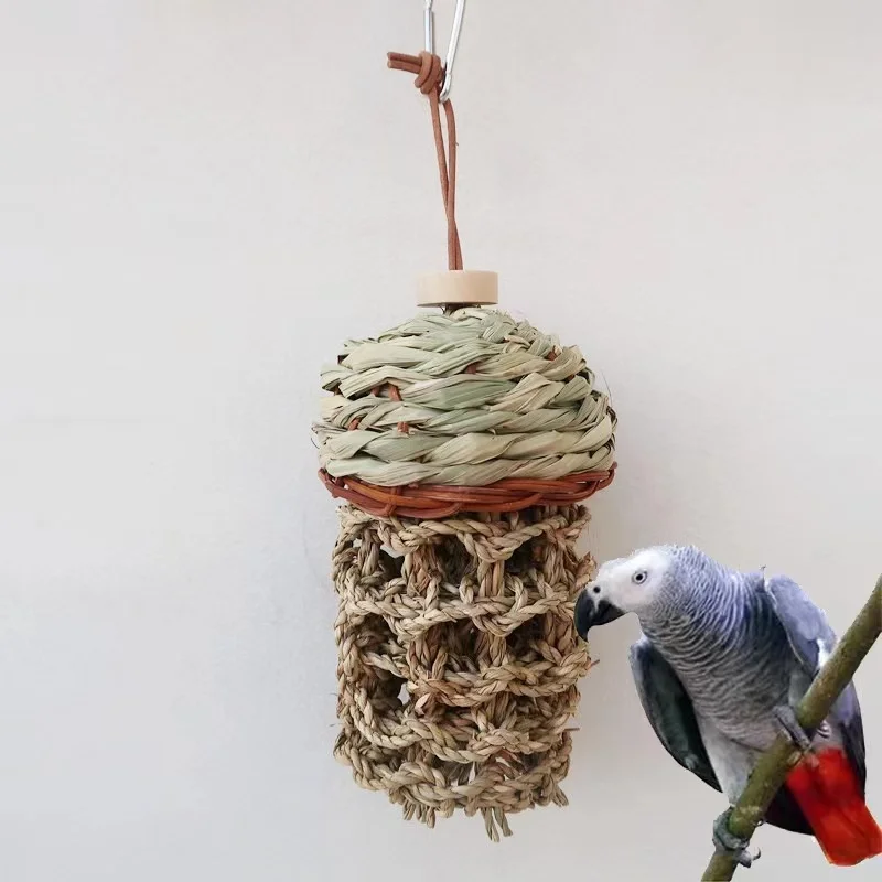 

Pet Parrot Bird Natural Grass Toys Chewing Bite Hanging Cage Bell Swing Climb Playing Decoration Pendant