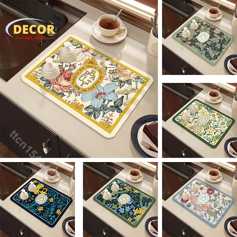 

Flower Letter Pattern Drain Pad Diatom Mud Dish Drying Mat Super Absorbent Drainer Mats Kitchen Countertop Tableware Cup Pads
