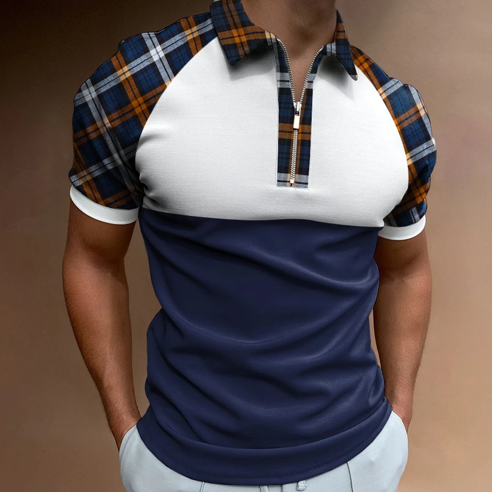Summer Gym Polo Shirt Men Short Sleeve Polos Sports Grid Printed Slim