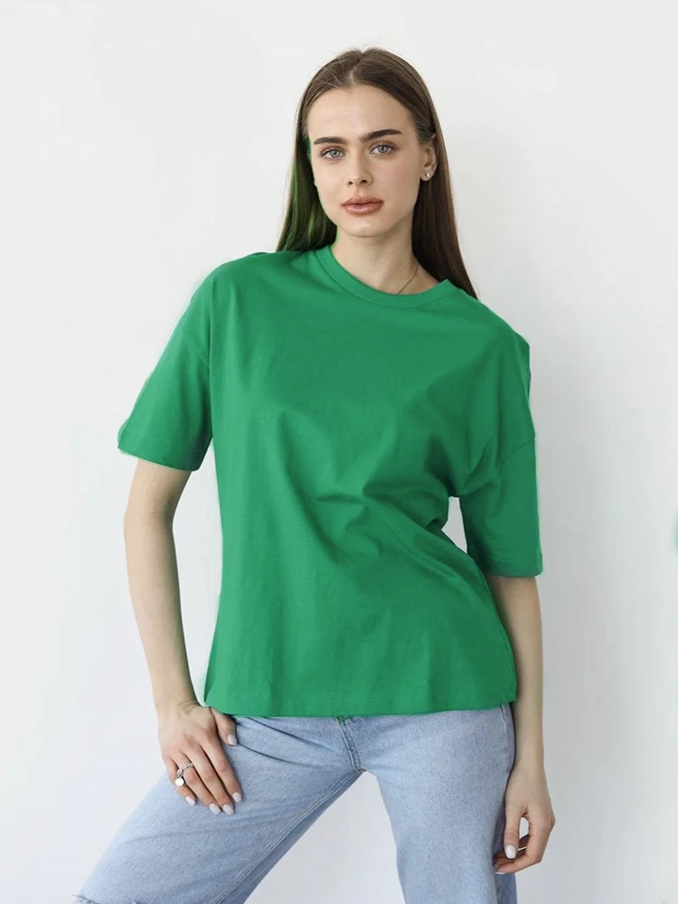 Hirsionsan 100% Cotton T Shirt Women 2023 Summer New Oversized Solid Tees Casual Basic Loose Tshirt Chic O Neck Female689_voghion.com