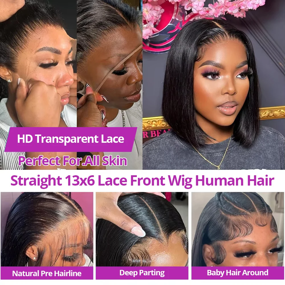 13x6 HD Lace Frontal Short Bob Wig Bone Straight Glueless Pre Cut 5x5 Closure Wig Ready to Wear 100% Human Hair Wig Preplucked 4
