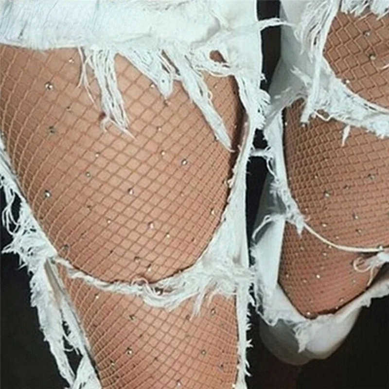 Women's Sexy Stockings Tights Rhinestone Mesh Fishnet Pantyhose Open Crotch High Stockings Party Club