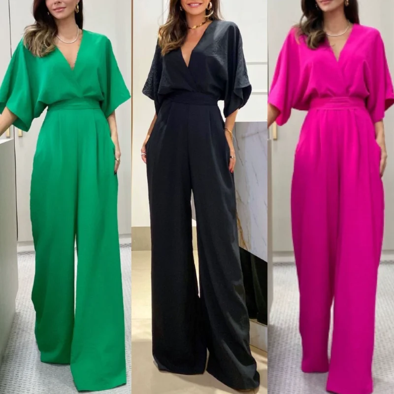 Women Summer V Neck Solid Jumpsuit Patchwork Backless Loose Pants Overalls Chic High Waist Slim Fit Black Rompers Elegant Female chic light green dnim pants for women overalls spring autumn high waist straight loose jeans female jumpsuit streetwear