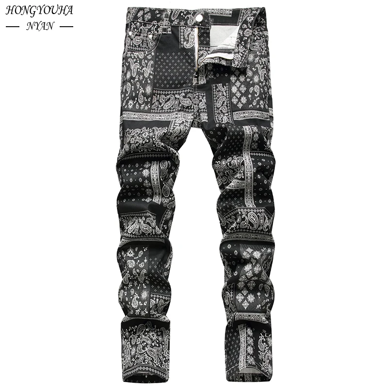 Winter Pants Men Slim Straight Jeans Fashion Paisley Print Brand Clothing Man Streetwear Casual Denim Pant Male Jean Trouser winter pants men slim straight jeans fashion paisley print brand clothing man streetwear casual denim pant male jean trouser