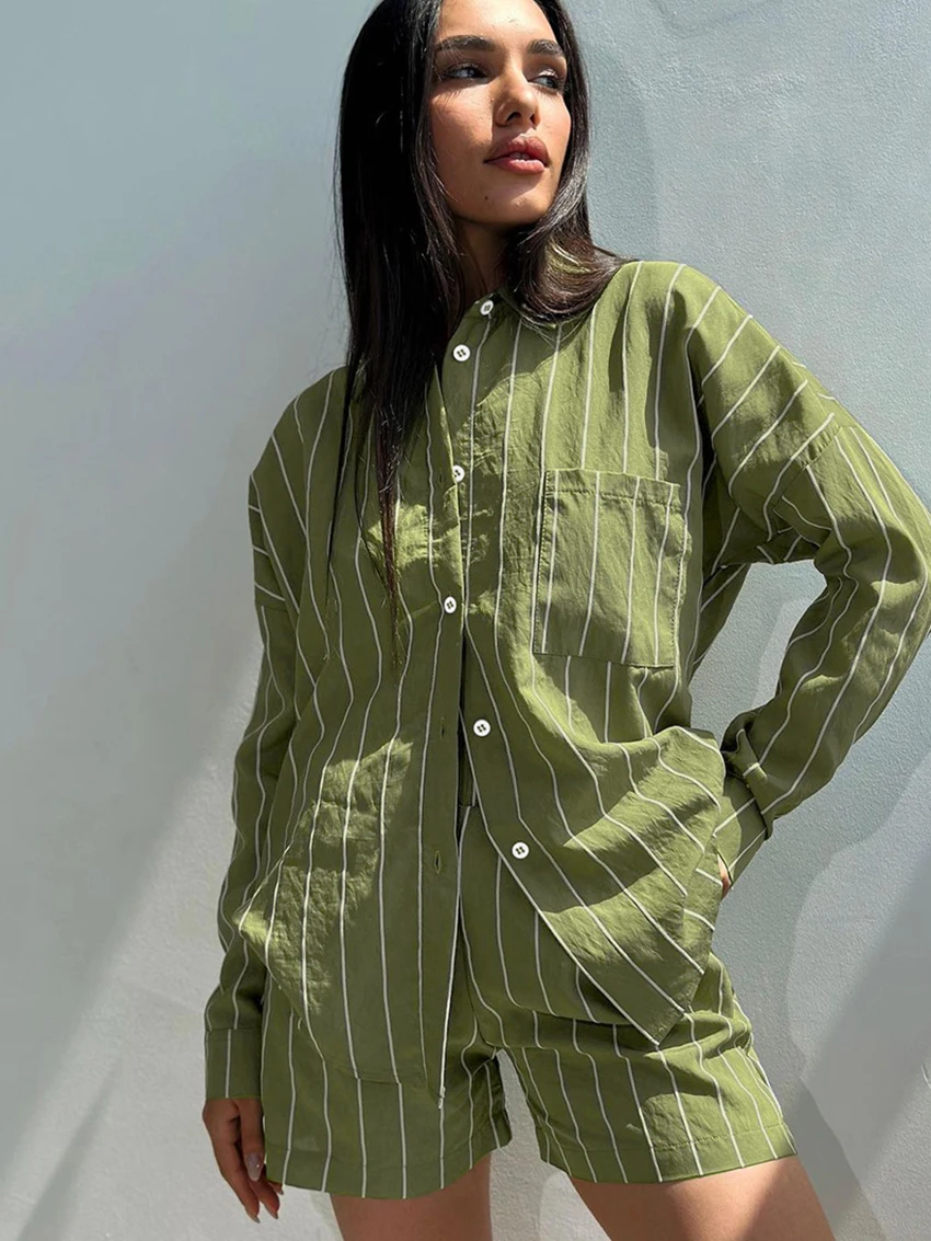 Marthaqiqi Striped Female Sleepwear Suit Long Sleeve Nightwear Turn-Down Collar Nightgowns Shorts Causal Ladies Home for Clothes
