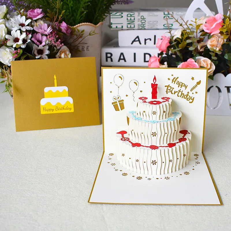 

Golden Happy Birthday Card 3D Birthday Cake Pop-Up Cards Flowers Birthday Card Anniversary Gifts Party Supplies with Envelope