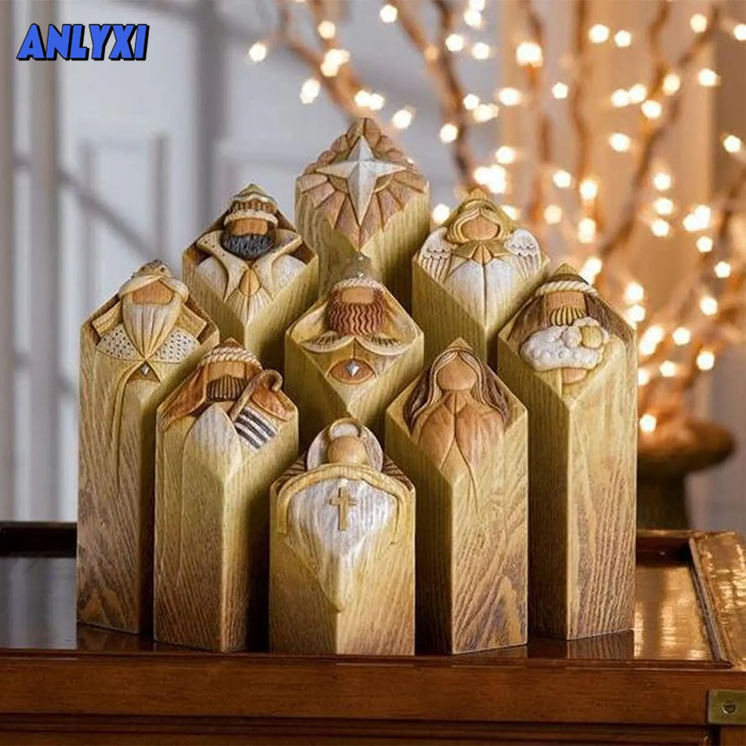 

Heaven Nativity Tree Pillar Statues 9 Pcs Set of Wooden Collection Figurines of Pillars of Nativity Setcolumn Statues Decoration