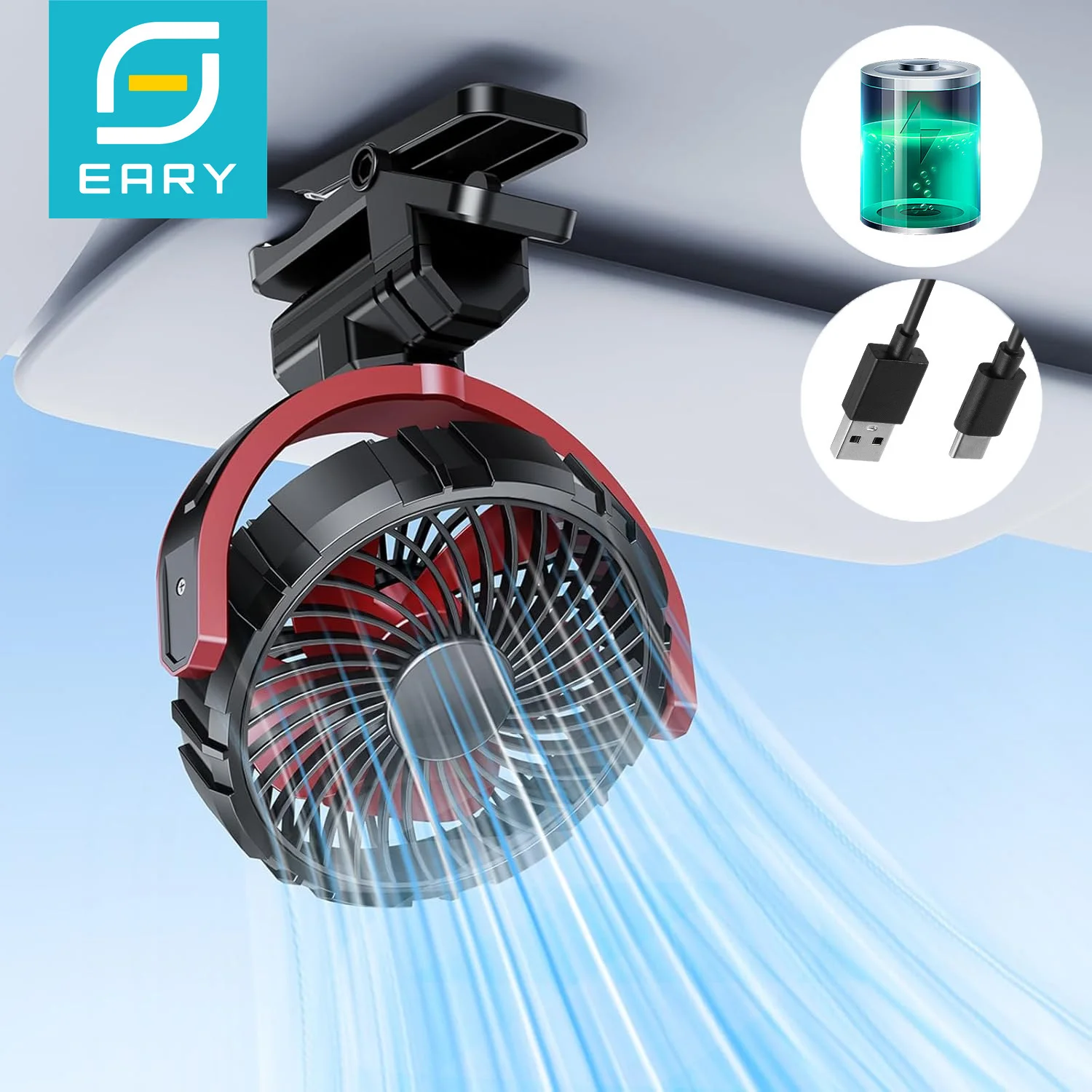 Eary Car Clip On Fan With 2000mAh Battery Usb Rechargeable Fan 900° Rotate Portable Air Cooling Fans Car Electronic Accessories 1