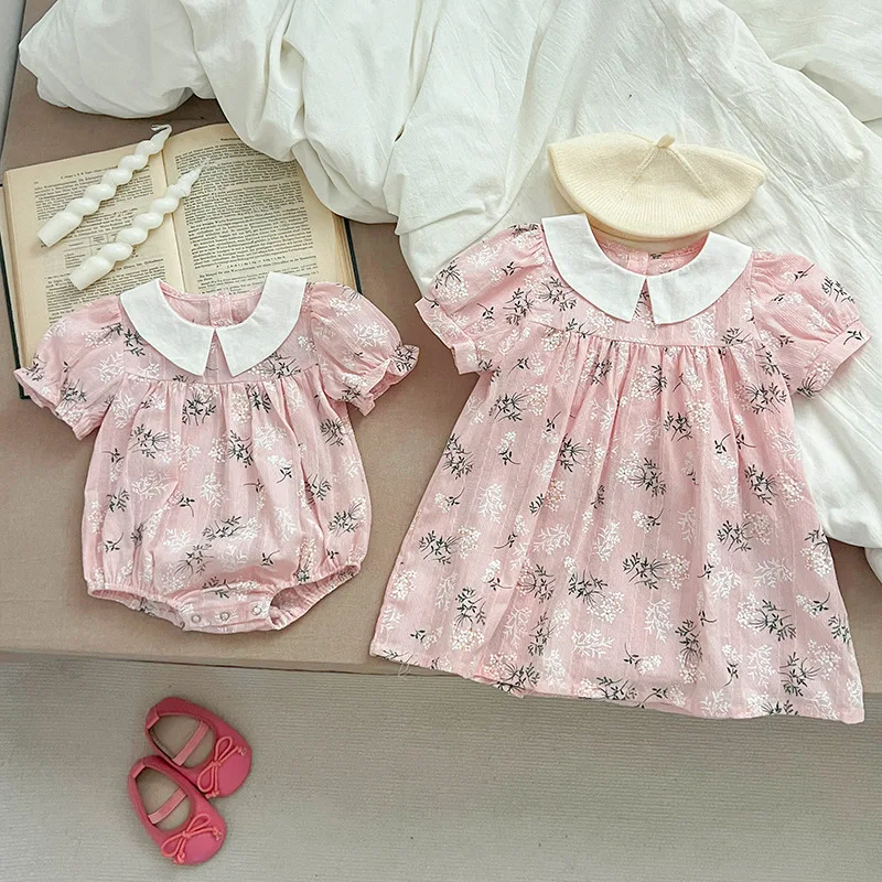 Vestido de muselina con estampado Floral para niñas, traje de manga corta con cuello vuelto, para verano