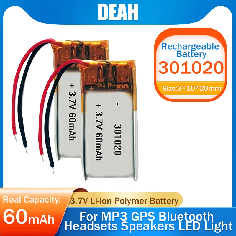 031020 3.7V 60mAh 301020 Lithium Polymer Rechargeable Cells For MP3 MP4 MP5 Recording Pen Smart Watch Hearing Aids Li Po Battery |