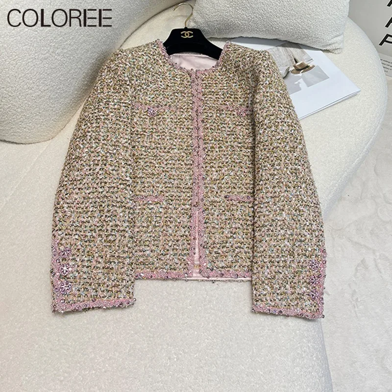 

Luxury Crystal Beading Tweed Jackets for Women High Quality O-neck Single Breasted Wool & Blends Coats Jaqueta Feminina 2023